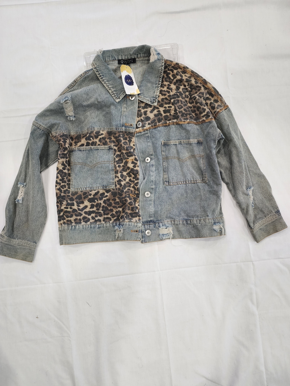 Leopard Panel Denim Jacket - Women's Blue Denim